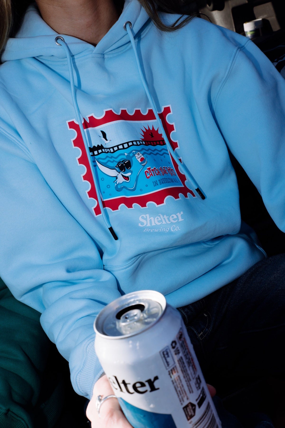 Close up of a screen printed Shelter hoodie showing the print detail